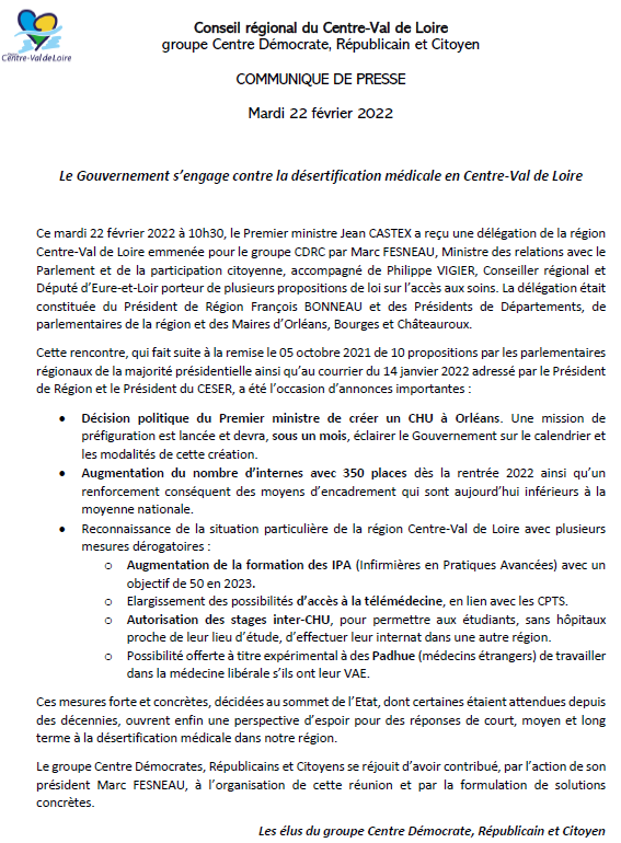 grpcdrc's tweet photo. 🩺SANTE🏥 Région Centre Val de Loire
Mesures fortes et concrètes de @JeanCASTEX , qui ouvrent enfin une perspective d’espoir pour l'accès aux soins dans notre région. Mobilisation totale des élus régionaux et des parlementaires de la majorité présidentielle. https://t.co/R3EokCzL5p