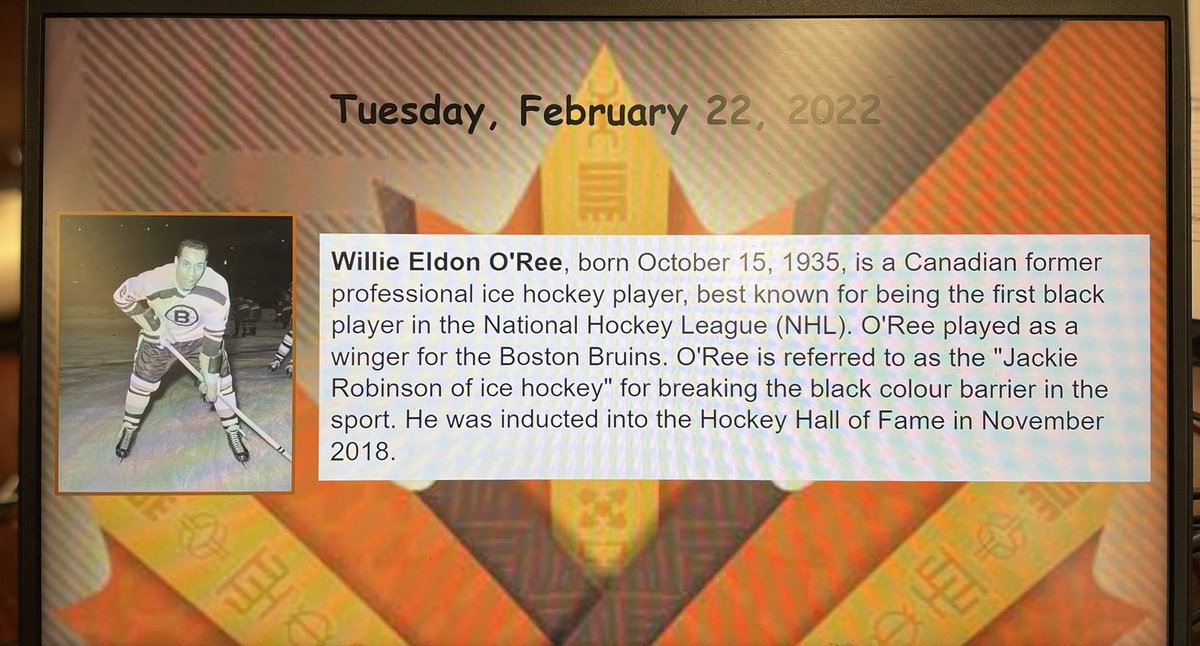 Today we are celebrating the accomplishments of Willie Eldon O’Ree #BlackHistoryMonth <a href="/DomenicScuglia/">Domenic Scuglia -</a> <a href="/YCDSB/">York Catholic District School Board</a> <a href="/laurasawicky/">Laura Sawicky</a>