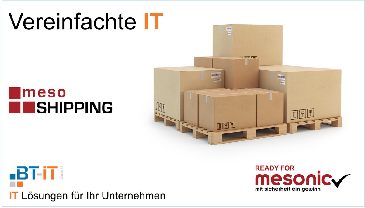 mesoSHIPPING Versandschnittstelle
Eine Multiplattform zur Übernahme der Sendungsaufträge aus der mesonic WinLine in verschiedene Versandsysteme inkl. Sendungsverfolgung.
Info unter: bt-it.de
#mesonic #winline #versand #schnittstelle #software  #DHL #DPD #ups #GLS