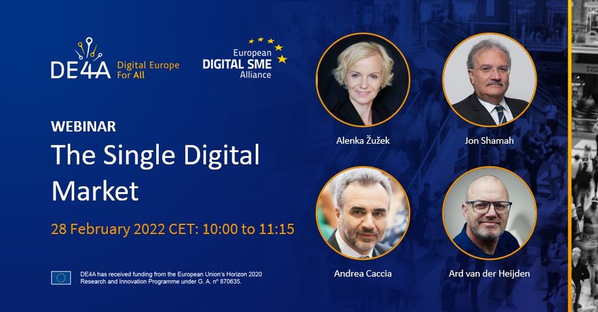 🇪🇺 We are collaborating with the <a href="/EUdigitalsme/">European DIGITAL SME Alliance</a> for The #SingleDigitalMarket webinar. We`ll discuss the importance of cross-border operations.  

Speakers:
Andrea Caccia, Ard van der Heijden, Jon Shamah, Alenka Žužek Nemec

<a href="/EEMA1/">EEMA</a> <a href="/DE4A_EU/">DE4A</a>
See you next week
lnkd.in/evGtS36q