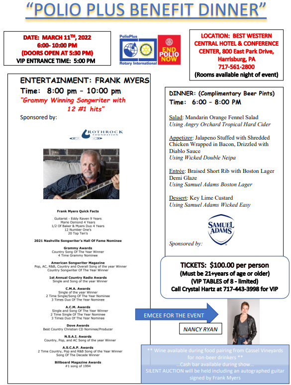 DisMgtCareBlog's tweet photo. Need a place for a great date? Colonial Park @Rotary is combatting polio with a benefit dinner Fri. March 11, featuring Nashville country music star Frank Myers. Emceed by @NancyRyan717, doors open 6 PM @BestWestern in Harrisburg. Tix available https://t.co/tJmrClQoxM https://t.co/TaAJE7PCQD