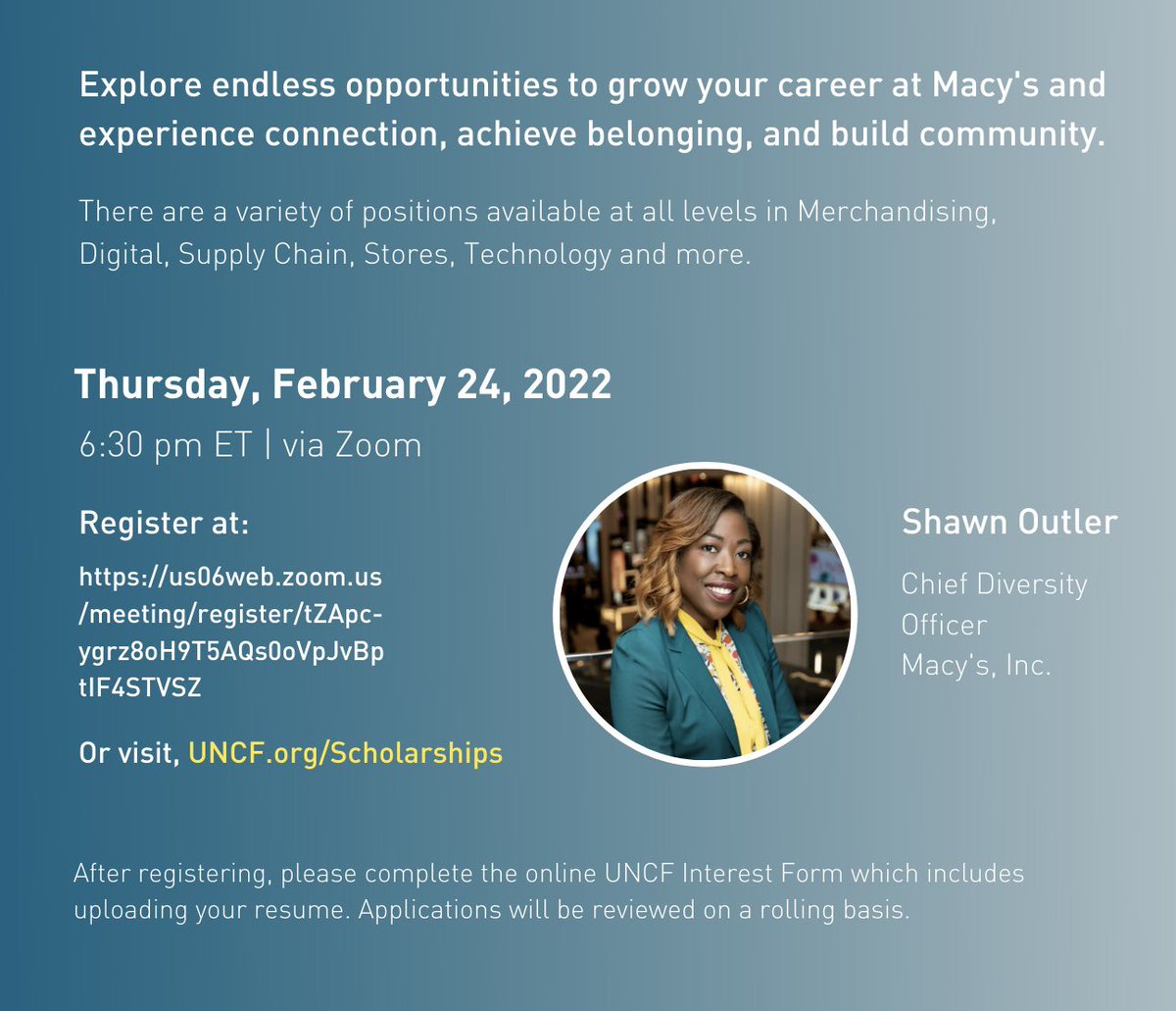 Do you know a college student interested in a career at <a href="/Macys/">Macy's</a>? Join Macy’s Chief Diversity Officer Shawn Outler on Feb. 24 at 6:30PM as she shares career opportunities available in Merchandising, Digital, Supply Chain, Stores, Technology &amp;more.

Register: lnkd.in/g29e7RjS