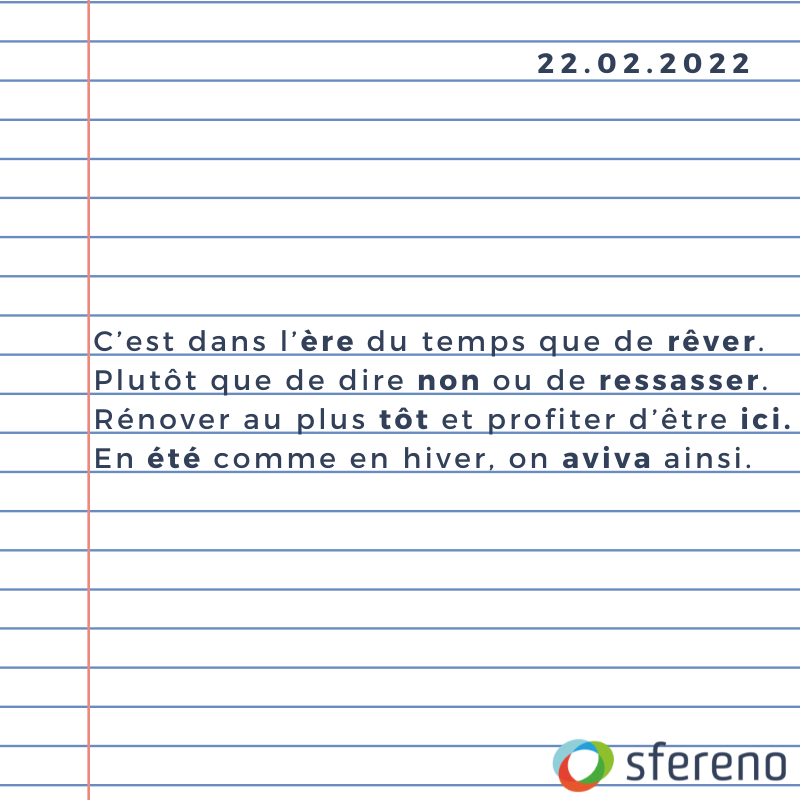 SFERENO's tweet photo. 22.02.2022 ou date palindrome, sous le signe de la créativité : voici notre phrase à palindrome sur la réno✍️. 
ℹ️ Un palindrome consiste en un mot ou un ensemble de mots se lisant de la même manière, indifféremment qu'il soit lu de droite à gauche ou bien de gauche à droite. https://t.co/6zkb2WSGUR