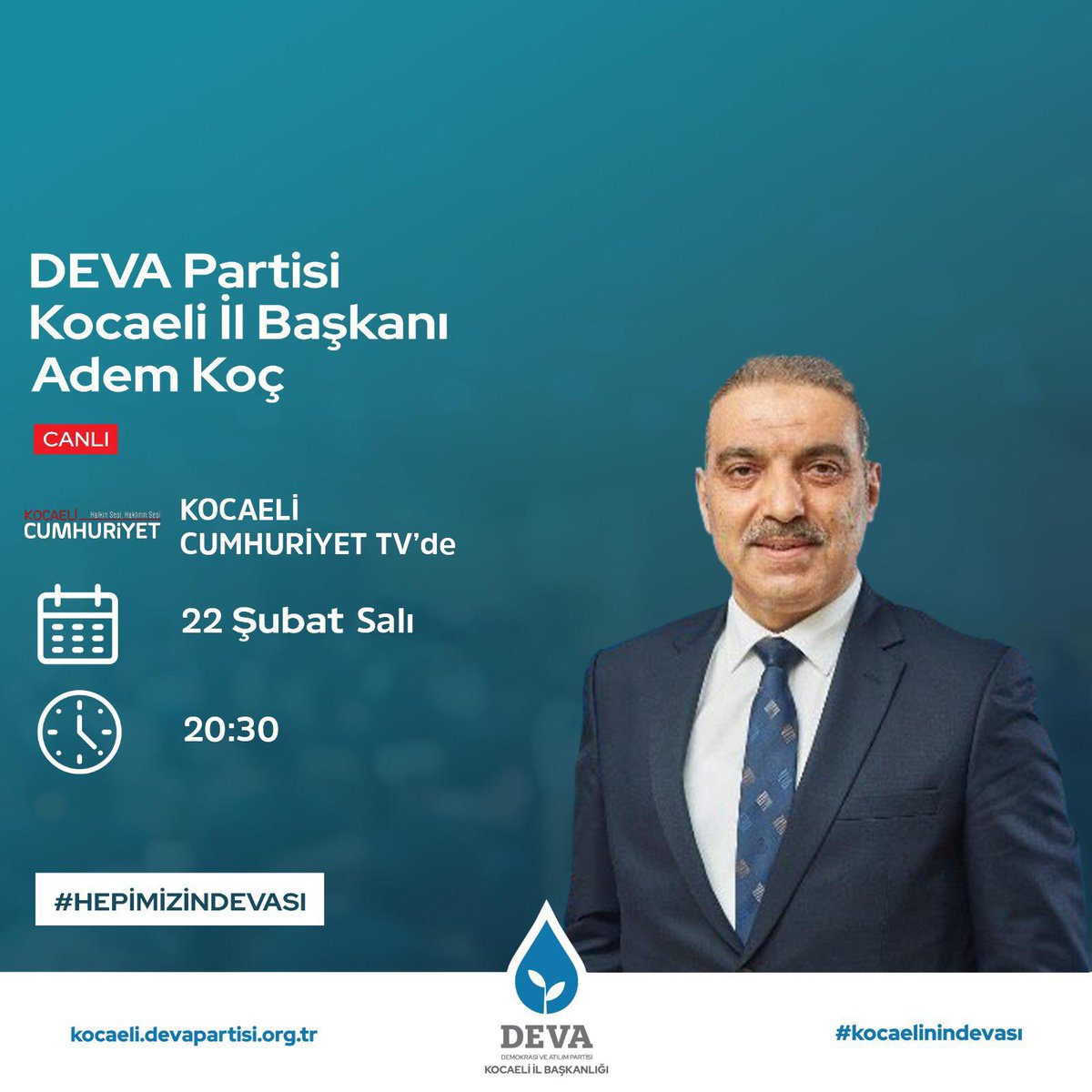 zeynep_sudan's tweet photo. İl Başkanımız Adem KOÇ bugün 20:30'da Kocaeli Cumhuriyet Tv Yayınına konuk oluyor.
🗓️ 22 Şubat 20:30
📺 Kocaeli Cumhuriyet TV
#deva #devakocaeli #kocaeli #ademkoç https://t.co/vV5erz2yPP