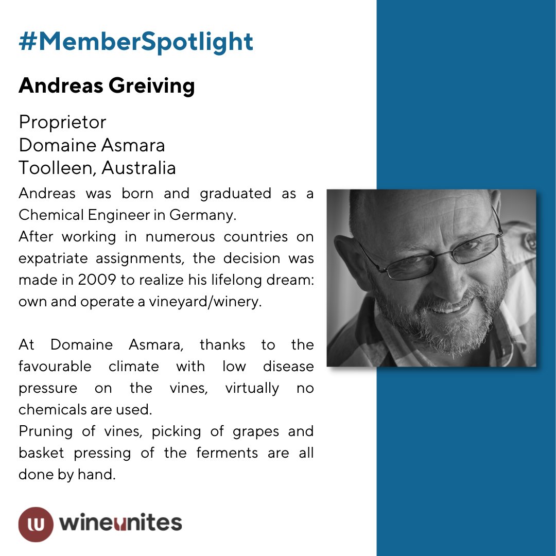 Today we have Andreas Greiving on #MemberSpotlight. In his life as a chemical engineer, Andreas traveled to over 50 countries before moving to Australia and following his passion - wine!

#wineunites #wine #professionals #community #cooperation #collaboration #memberspotlight