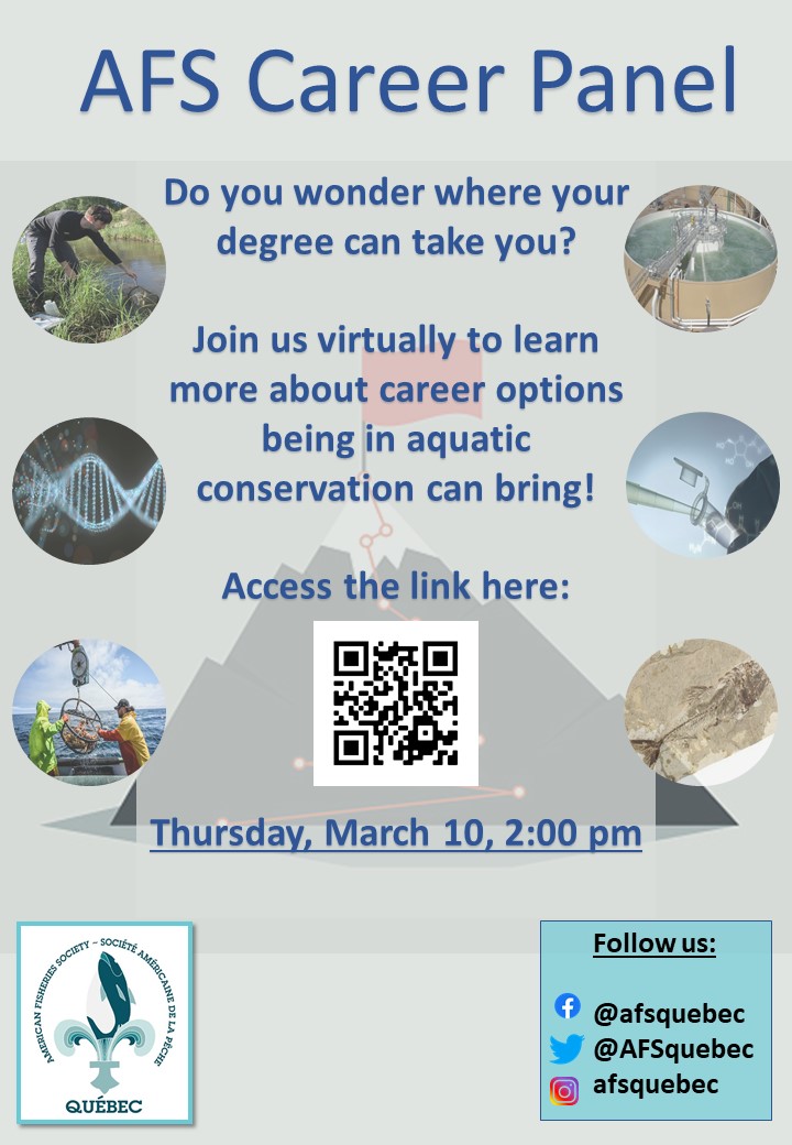 Join us online on March 10, 2:00 pm to hear various perspectives on aquatic conservation careers and chat with our panelists. 

Find the event link in our bio or by scanning the QR code. Stay tuned for more details! 

#americanfisheriessociety #careerpanel #conservation