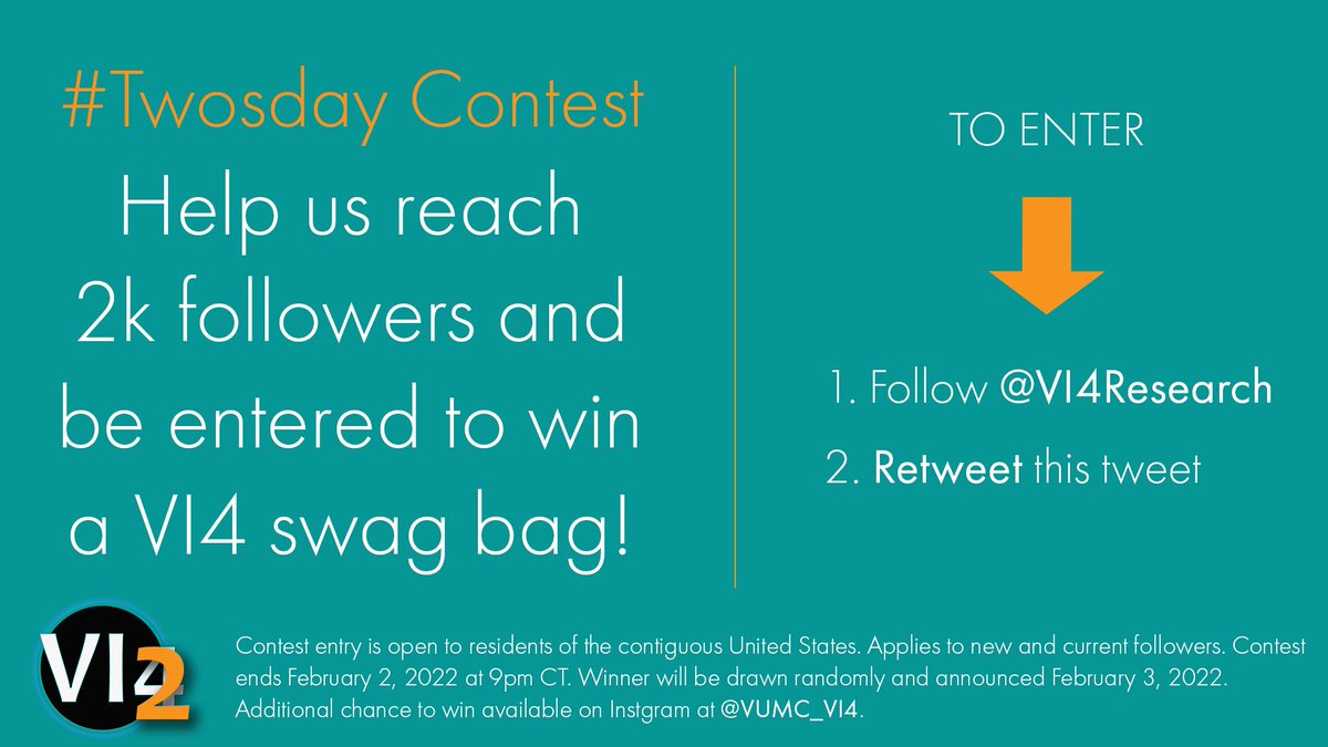 It's #Twosday!! 👯 ✌️ 🕑 In honor of 2️⃣ / 2️⃣2️⃣ / 2️⃣2️⃣ , we're aiming to get 2k followers! Help us reach our goal and be entered to win a VI4 #swagbag❗ 🎟️ To enter: 1️⃣ Follow @VI4Research 2️⃣ Retweet *this tweet* #Contest starts right now & ends tonight (2/22/22) @ 9pm CT!