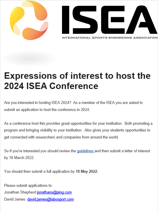Isportsengineer's tweet photo. We're looking for expressions of interest to host the 2024 ISEA conference. See attached image for details. If you want to know more about what hosting the conference will be like, check out the 2022 Purdue conference website: https://t.co/59tH1hiWQG https://t.co/NqNkXlpQCr