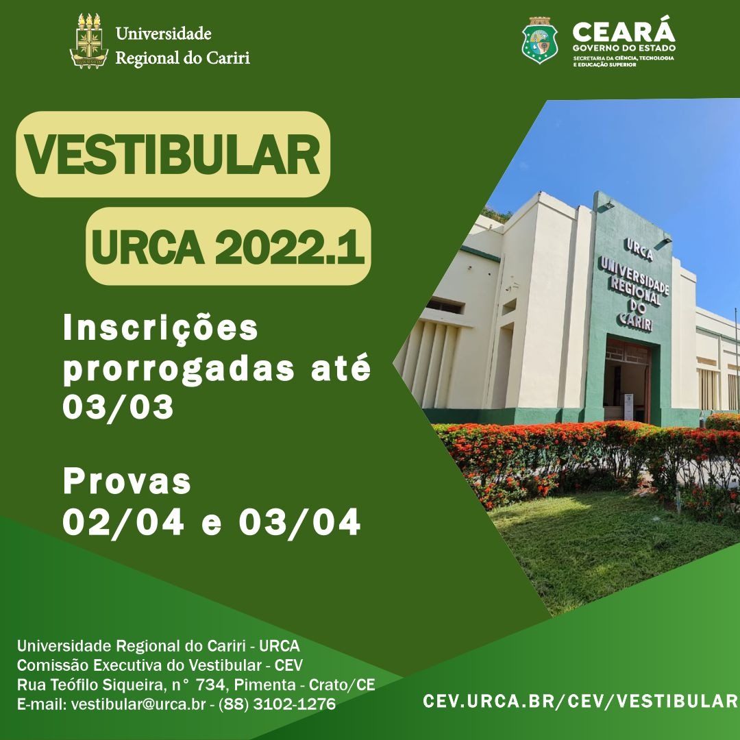 URCA prorroga até 3 de março prazo para inscrição no Vestibular 2022.1

A Comissão Executiva do Vestibular (CEV) publica o Aditivo 01/2022.1, que altera o cronograma de execução do Processo Seletivo Unificado 2022.1 e prorroga as inscrições até o dia 03 de março.