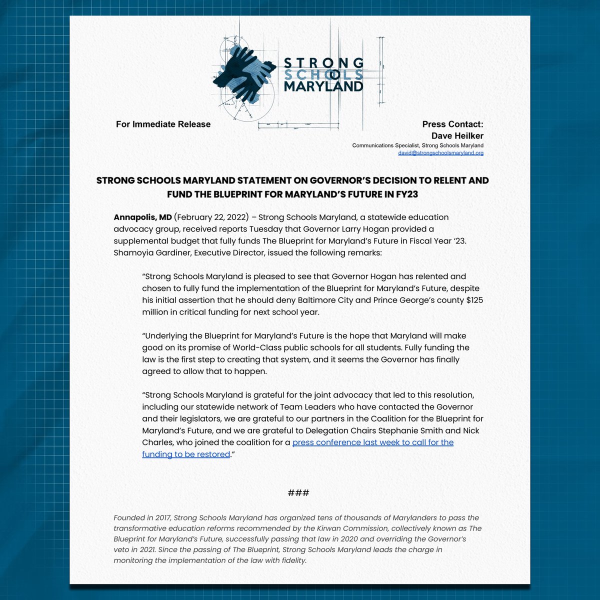 StrongSchoolsMD's tweet photo. Strong Schools Maryland Statement on Governor Hogan's Decision to Relent and Fund the #Blueprint4MD in FY23

1/6
(accessibility: text of statement in alt text of image) https://t.co/Yra4p1aCu7