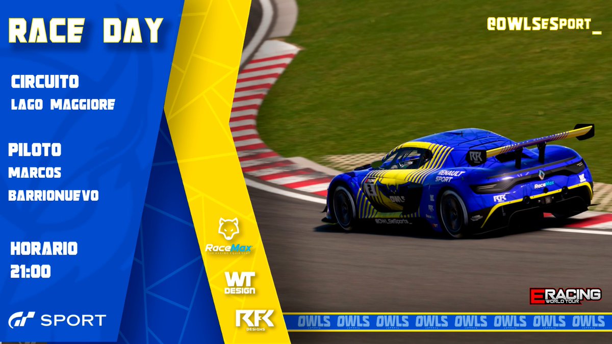 WELCOME GT7 <a href="/EWT_Live/">EWT Live</a> 🏁

Nuestro piloto <a href="/marcosbarrionu/">marcos barrionuevo</a>  estará en la 3° Carrera del Campeonato y luchará para alcanzar a la zona alta de la tabla 🦉

🚥 <a href="/EWT_Live/">EWT Live</a> 
📍Lago Maggiore
🚙 Renault R.S.01
⌚21:00
📽 ¡ twitch.tv/needforspeak?s…

#SomosOwls #Familia #RFK #WT #RaceMax