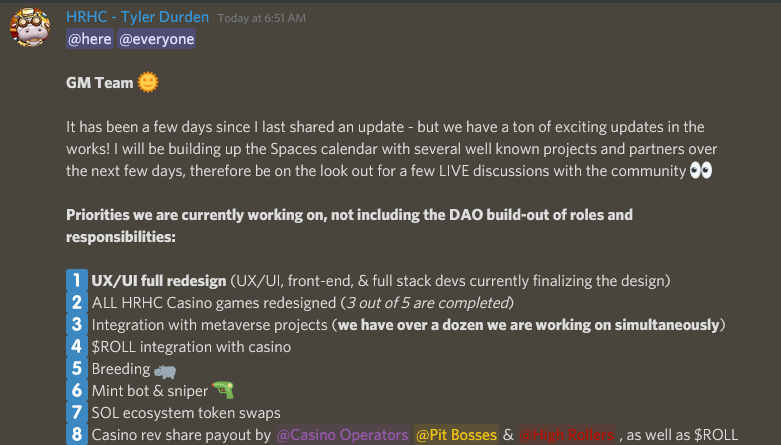 NFTFarmer1's tweet photo. Degens, how are ya'll still sleeping on @HighRollerHC, absolute bargain at 4ish sol rn, NFA but.... don't say I didn't warn you🌱 Check this update from discord, good things take time. 
#SolanaNFT #NFT #LFG #WAGMI https://t.co/SjOaFTYT3Q