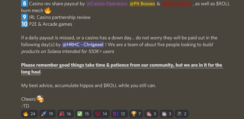NFTFarmer1's tweet photo. Degens, how are ya'll still sleeping on @HighRollerHC, absolute bargain at 4ish sol rn, NFA but.... don't say I didn't warn you🌱 Check this update from discord, good things take time. 
#SolanaNFT #NFT #LFG #WAGMI https://t.co/SjOaFTYT3Q