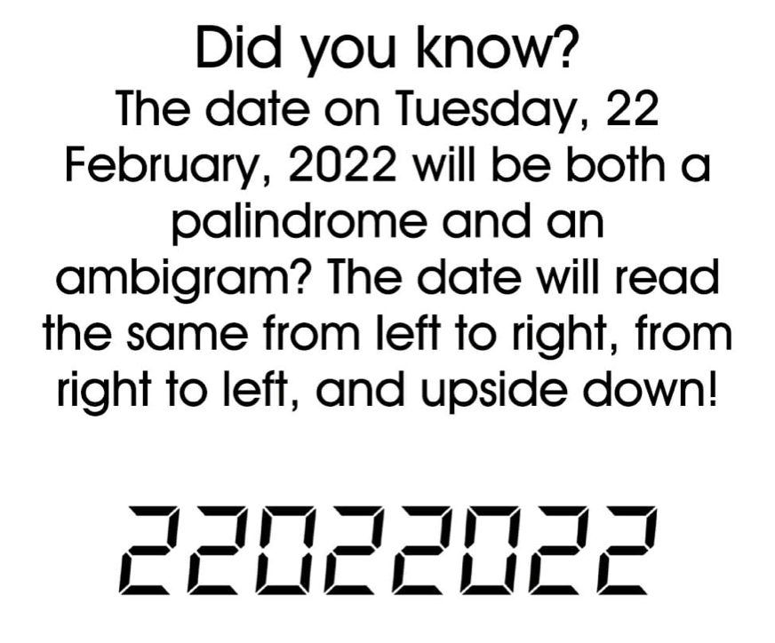 mathsux_org's tweet photo. Have you noticed anything special about today's date!? 2/22/22 😄✨⬇️

#math #mathcat #iteachmath #mtbos https://t.co/lVk4EQSCvR