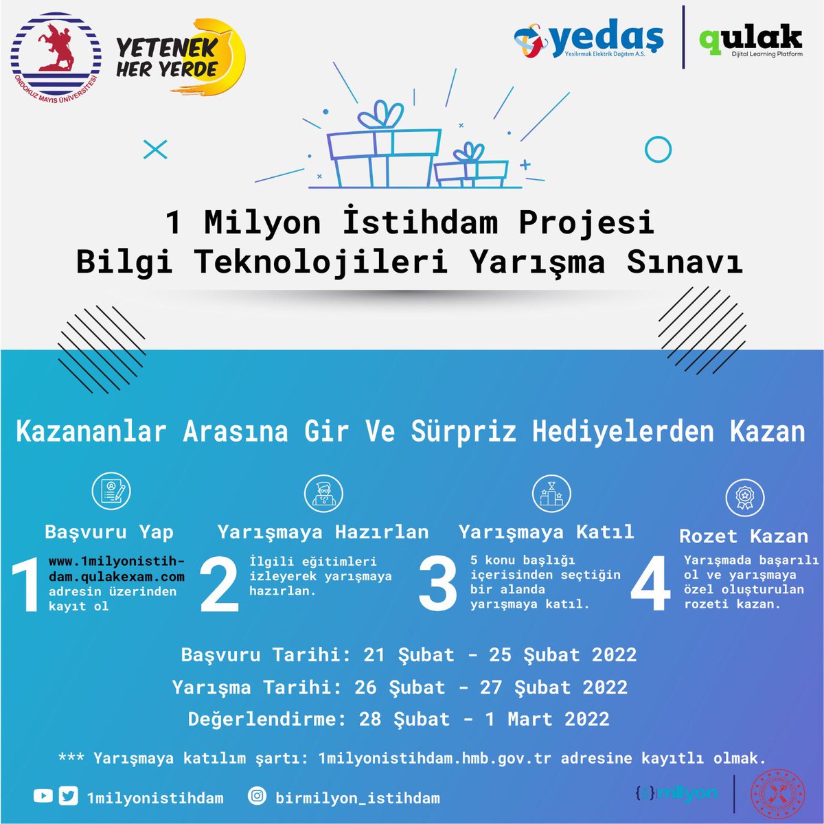 1 Milyon İstihdam Projesi 
Bilgi Teknolojileri Yarışma Sınavı başlıyor! Başvuru için👉🏻 lnkd.in/dZRHS5rZ

#1milyonistihdam #yetenekheryerde <a href="/yetenekheryerde/">Yetenek Her Yerde</a> <a href="/1milyonistihdam/">1milyonistihdam</a> <a href="/omurektorluk/">omurektorluk</a> <a href="/omukarmer/">OMÜ Kariyer Merkezi Müdürlüğü</a> <a href="/OmuKonsey/">OMÜ Öğrenci Konseyi</a> <a href="/yetenekheryerde/">Yetenek Her Yerde</a> @ElektrikYedas