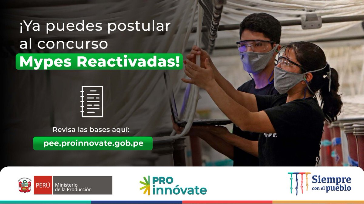 ¡ABRIMOS CONVOCATORIA! 📣

Si tienes una mype con caída en ventas entre abril 2020 - marzo 2021, obtén un cofinanciamiento de hasta S/35,000 para potenciar o reorientar tu negocio. 🤝📈

🎯 Postula hasta el 22 de marzo (1:00 p.m.) en: 👉pee.proinnovate.gob.pe