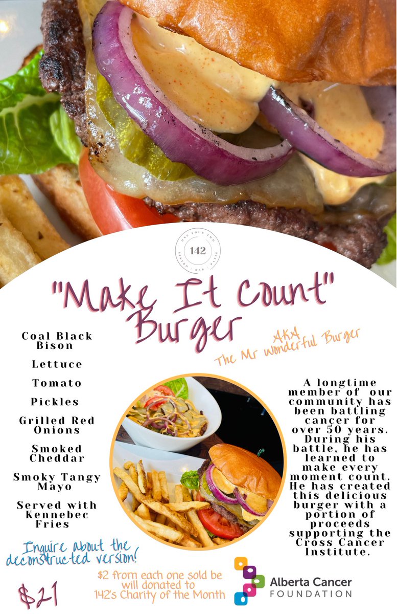 142yeg's tweet photo. Only 1 week left to enjoy the #MakeItCount burger in support of the #AlbertaCancerFoundation!

Hours Today: 11:30am-8pm
Happy Hour: 3pm-6pm
https://t.co/7aCaotVJYW

#Yeg #TuesdayVibes #Tuesday #TacoTuesday #Tacos #MakeItCountBurger #YegCharity #MakingADifference #ToMakingItCount https://t.co/MRzZH4EdaI