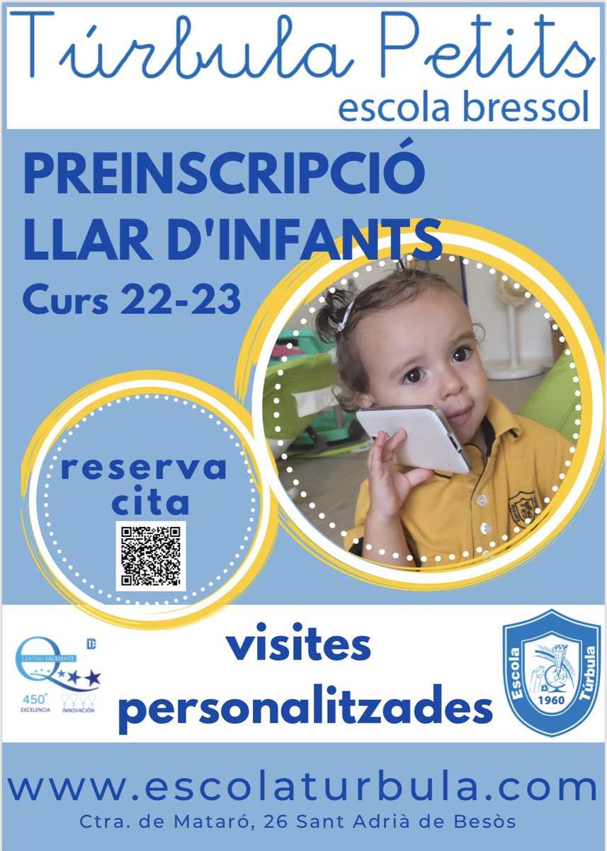 turbula's tweet photo. La Llar d’Infants Túrbula Petits iniciem el període de preinscripció pel curs 2022-23. Del 22 de març al 8 d’abril hem programat unes visites personalitzades per donar a conèixer el nostre projecte educatiu i  instal·lacions.Sol·licita la teva cita! Estarem encantats d’atendre’t! https://t.co/m2z0ae7KMb