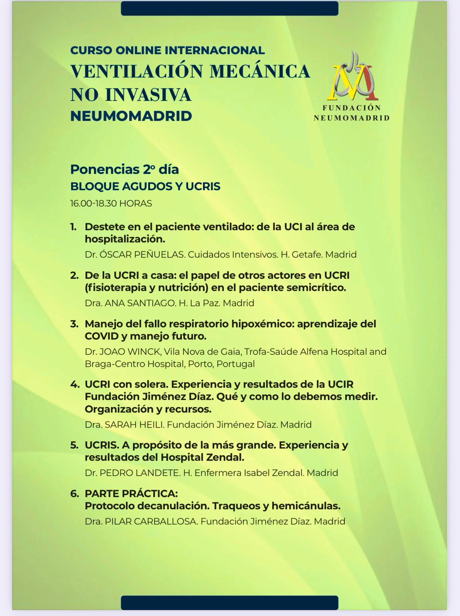 Hoy tenemos una tarde súper interesante con unos ponentes inmejorables <a href="/AraceliAbad4/">Araceli Abad</a> <a href="/AnaSantRecuerda/">Ana Santiago</a> <a href="/JoaoWinck/">Joao winck</a> <a href="/SheiliSarah/">Sarah Heili-Frades Zimmermann MD, PhD</a> <a href="/NeumoMadrid/">Neumomadrid</a> #VMNI #cursoVMNI