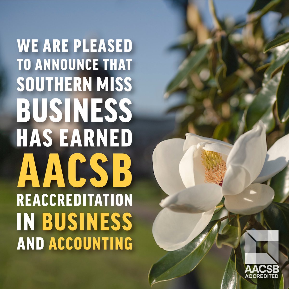 Southern Miss Business is proud to have once again earned a five-year dual reaccreditation by AACSB International! 
This accreditation is considered the highest standard of achievement for business schools worldwide. usm.edu/news/2022/rele…