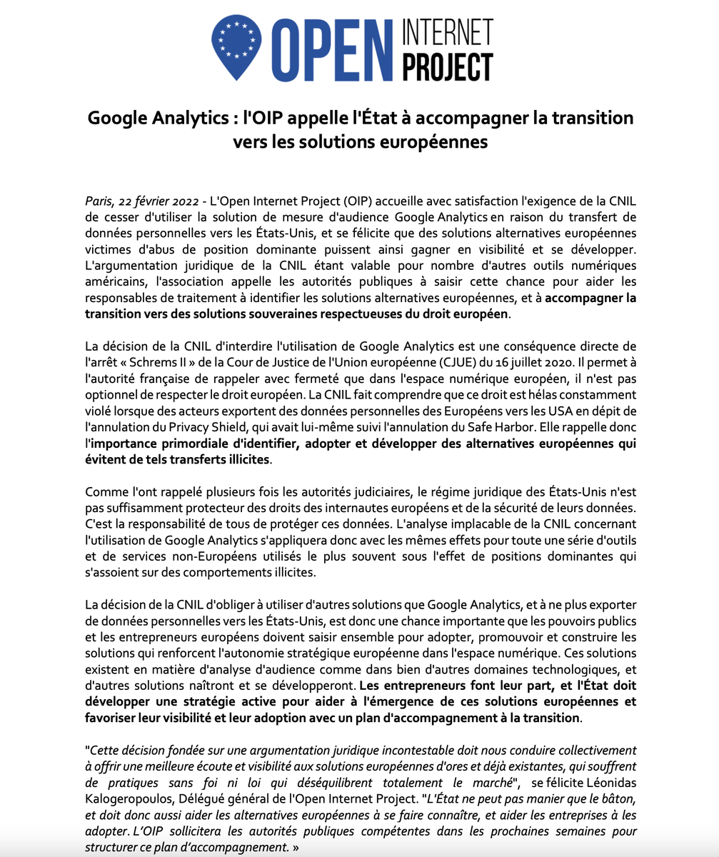 OpenInternetPro's tweet photo. Alors que la @CNIL interdit le transfert de données personnelles🇪🇺vers les #USA dans l'affaire @googleanalytics, @OpenInternetPro appelle le Gouvernement à développer une stratégie de promotion active des alternatives européennes aux #GAFAM @cedric_o https://t.co/Ipw0d5F4fd