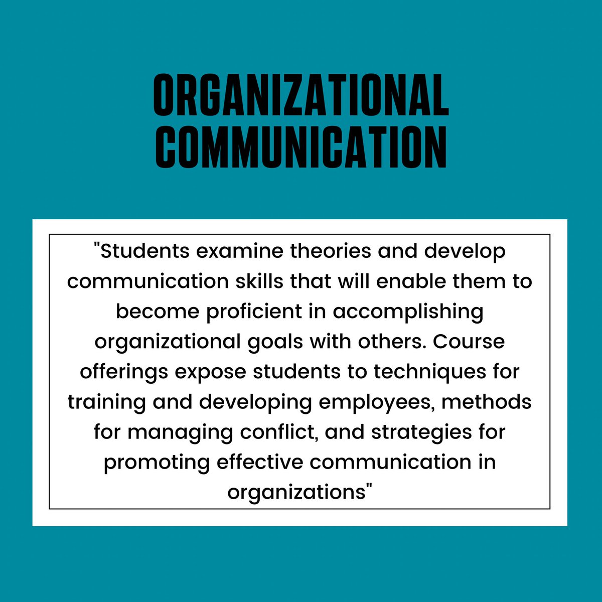 Interested in Organizational Communication? This concentration is for you! Learn skills and strategies for effective communication within an organization through this concentration. Use the link in our bio to learn more!
