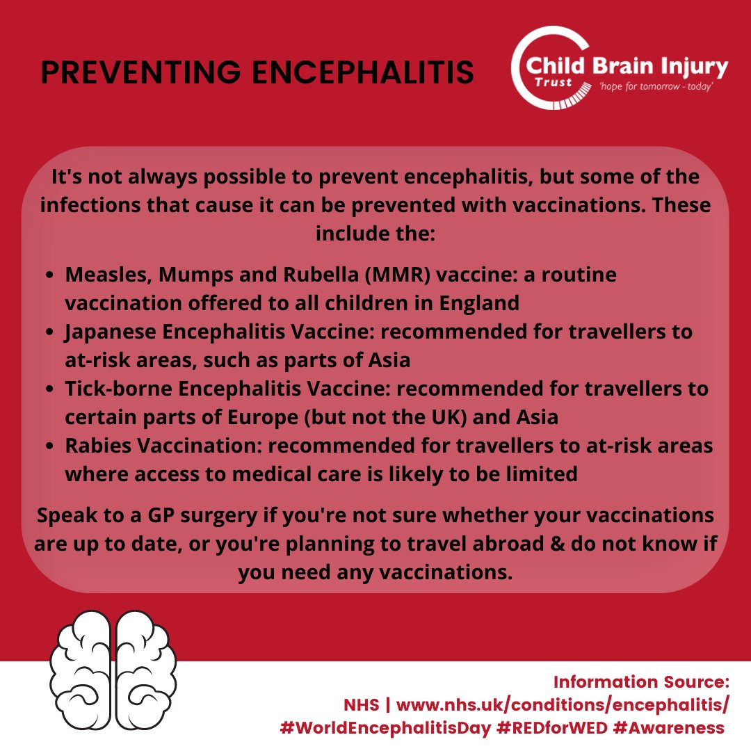 cbituk's tweet photo. Preventing Encephalitis 🧠
It's not always possible to prevent encephalitis, but some of the infections that cause it can be prevented with vaccinations. More info: https://t.co/LnHFd0TqsX
#WorldEncephalitisDay #REDforWED #Awareness https://t.co/VQ739x2RPe