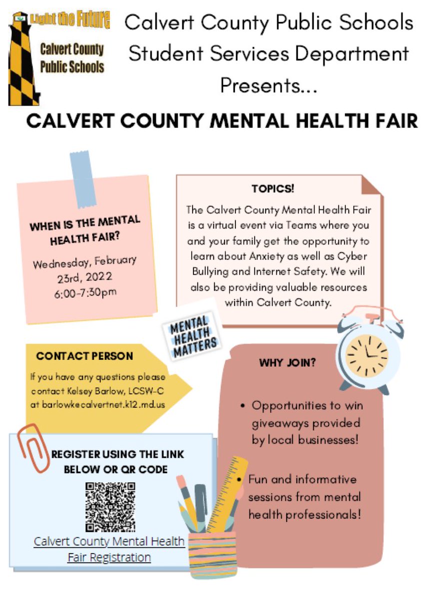 Mental health fair happening tomorrow night 2/23/22 via teams! <a href="/CalvertGuidance/">Calvert HS Counselors</a> <a href="/NorthernCCPS/">Northern</a> <a href="/PatuxentHSCCPS/">Patuxent High School</a> <a href="/HtownGuidance/">Huntingtown Guidance</a>