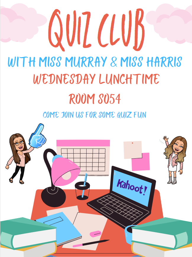 Calling all quizzers and Kahoot lovers!

Come and join Miss Murray and Miss Harris at Quiz club starting tomorrow lunchtime 23/02.

 Bring lunch with you...see you in S054 - ICT 3 😁