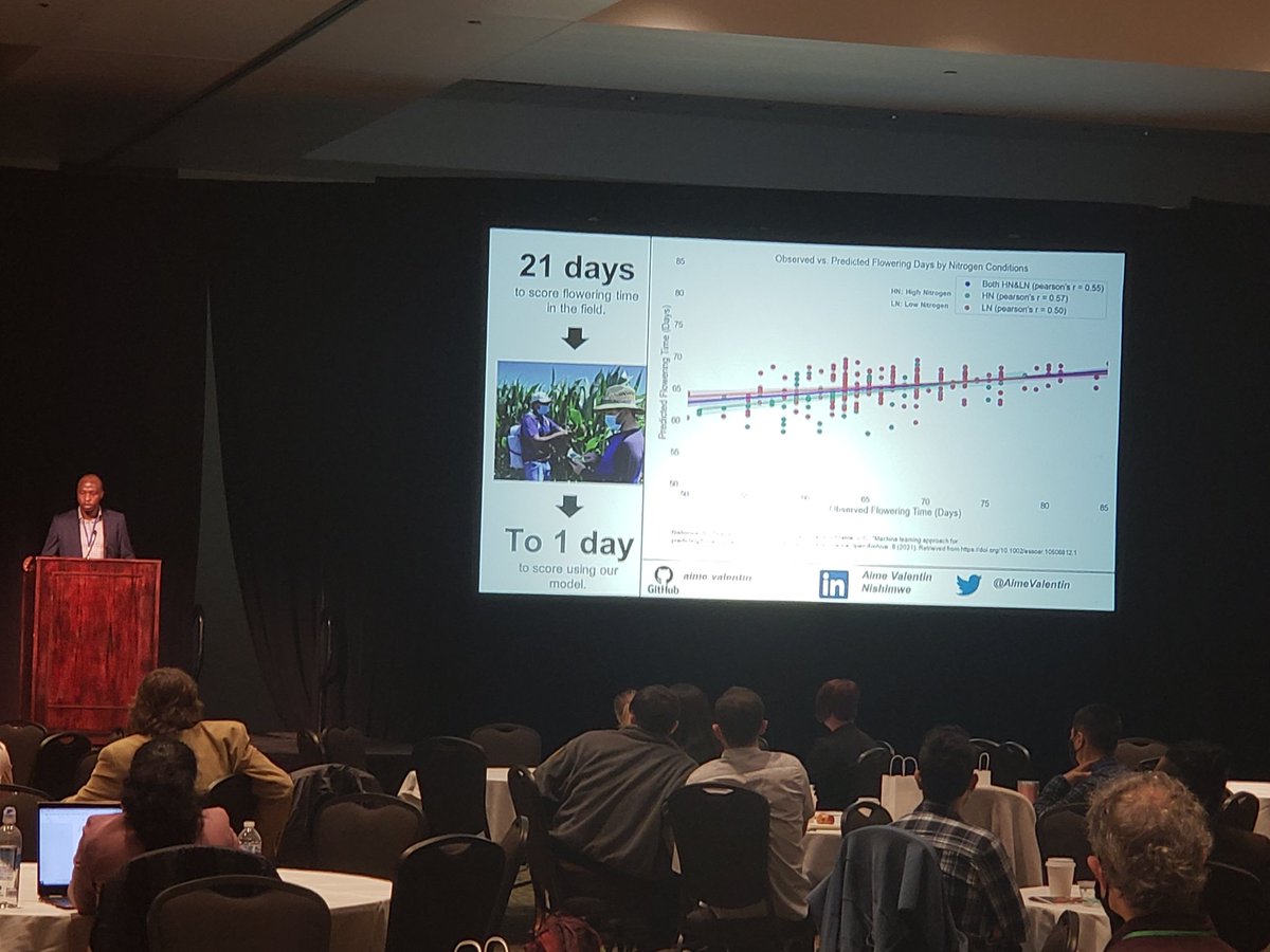 tross_michael's tweet photo. Great lightening talk by undergraduate @AimeValentin Predicting flowering time from leaf reflectance data! #NAPPN22 https://t.co/bhObIZ0L9n