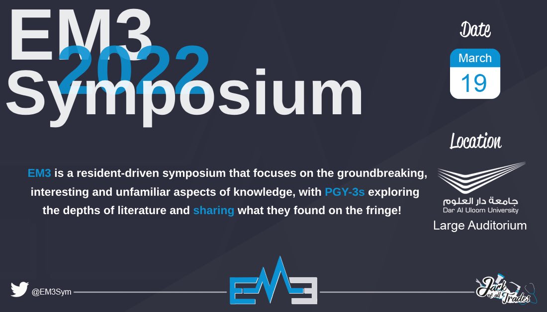 sasem2022's tweet image. EM folks, don’t forget to sign up for the upcoming EM resident based #EM3Symposium which will be held on March 19th, in @DAUmedicine! 
Early bird is expiring soon, so don’t miss the chance to register!