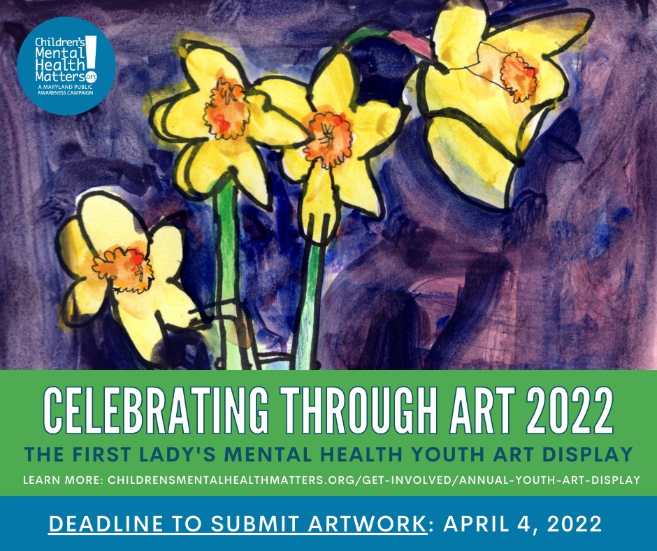Maryland’s First Lady, Mrs. Yumi Hogan, invites children/youth to submit art for Celebrating Through Art: Mental Health Youth Art Display. Children/youth should express what makes them feel mentally happy, healthy or hopeful. 
Learn more + submit artwork: bit.ly/3s9WzLB