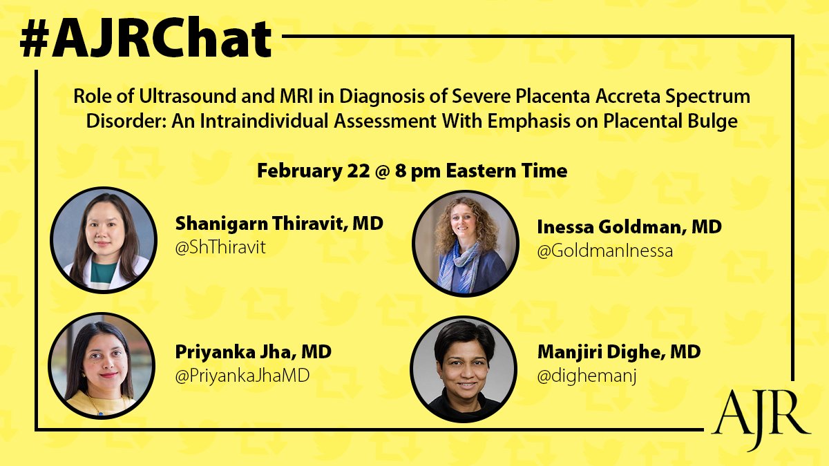 Join us tonight for our #AJRChat where we'll discuss severe placenta accreta spectrum disorder with @ShThiravit, @GoldmanInessa, @PriyankaJhaMD, and @dighemanj. ajronline.org/doi/abs/10.221…