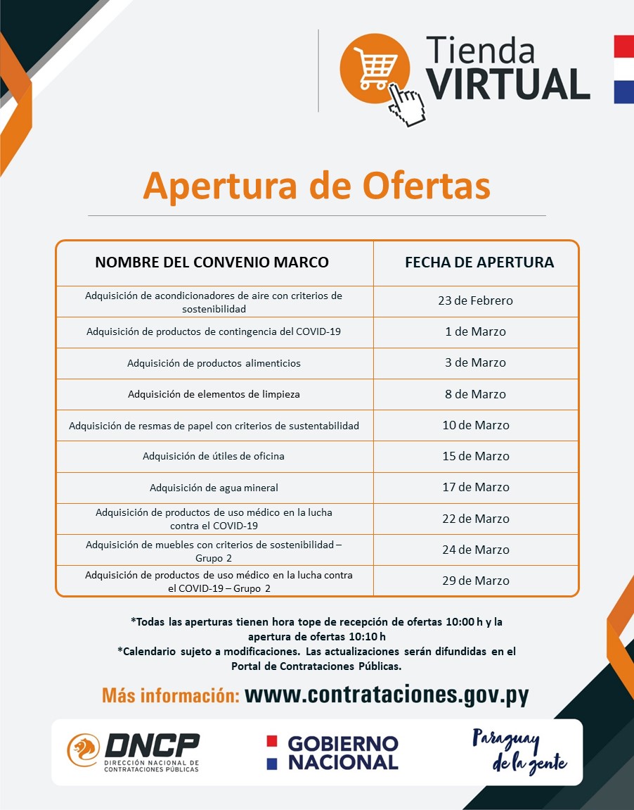 dncp_py's tweet photo. 🙌Compartimos las fechas de las siguientes aperturas de ofertas de nuestros Convenios Marco, seguimos trabajando en la inclusión de nuevos productos y empresas en nuestra Tienda Virtual. 

Para más información ingresá a 👉https://t.co/na6JhCajib 

#TiendaVirtual #ComprasVirtuales https://t.co/5nerDBglWB