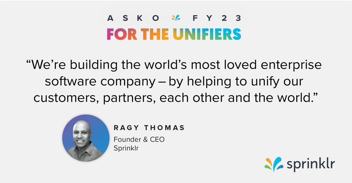 Sprinklr's tweet photo. Our world needs a major dose of unity. And we can be the ones to show others how, says Sprinklr Founder &amp; CEO @ragythomas at our annual sales kickoff. #SprinklrUnifiers https://t.co/lPcxGTuIxB