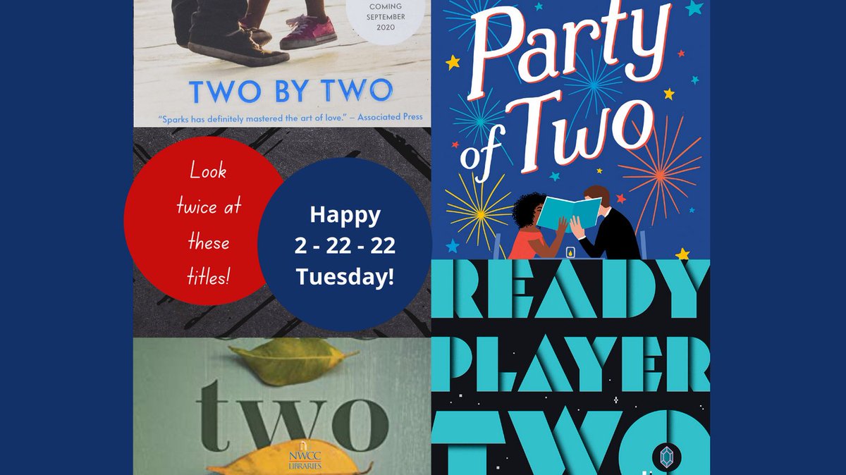 We have some wonderful reads for 2-22-22 and beyond!
Two by Two by Nicholas Sparks
Party of Two by Jasmine Guillory
One Two Three by Laurie Frankel
Ready Player Two by Ernest Cline https://t.co/YQNMNPnv0d