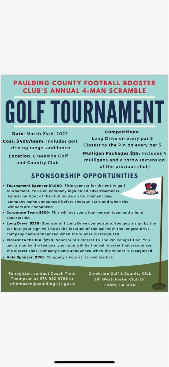 Who doesn’t love a great game of golf!

Grab your golfing buddies and register for a spot in the Annual Paulding County Football Booster Club’s Annual Four Man Scramble ⛳️

Claim your spot before they all fill up!!
