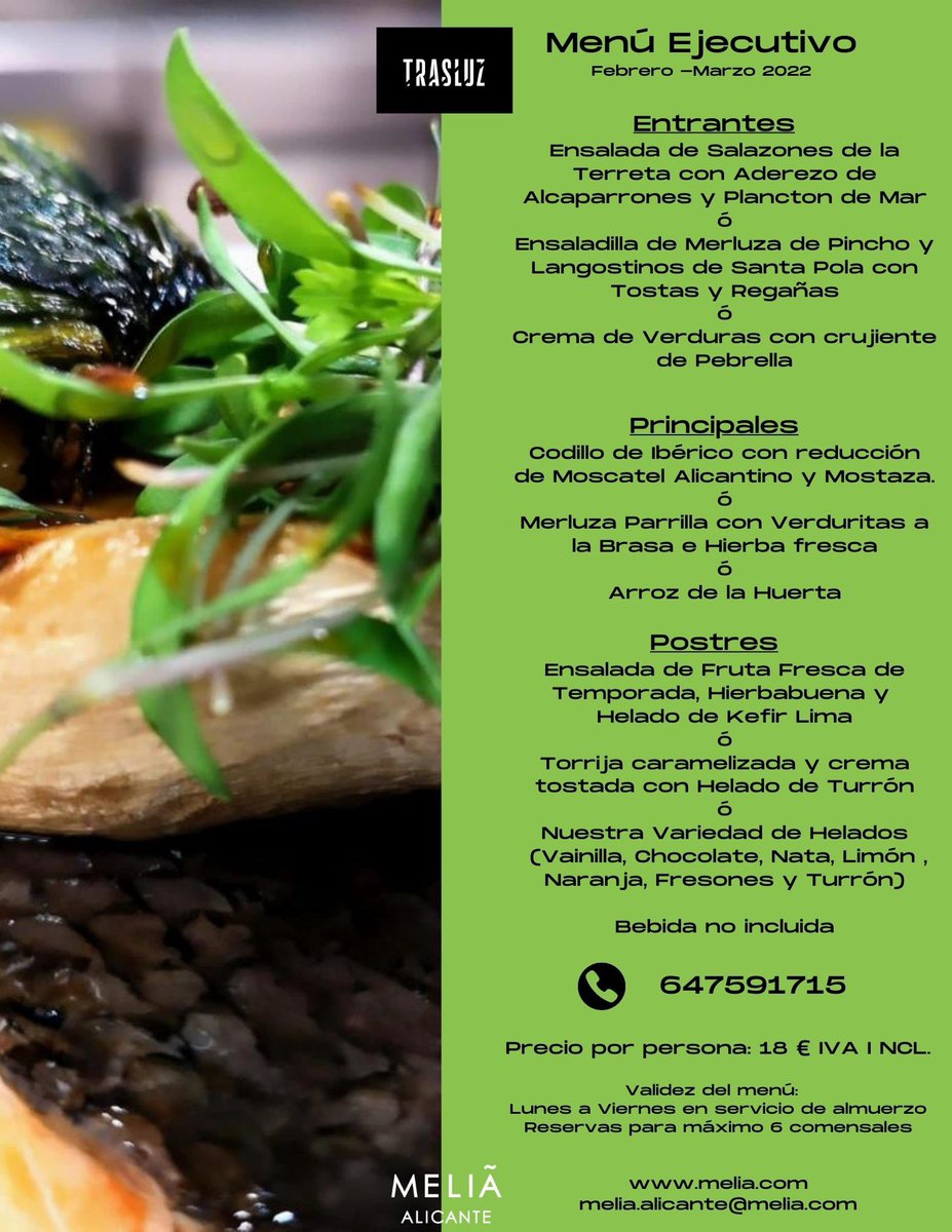 Trasluz Restaurant está de estreno!! Os ofrece nuestro nuevo Menú Ejecutivo, de lunes a viernes y en horario de almuerzo, al precio especial de 18 €, bebida no incluida. Consulta disponibilidad para reservar mesa con este delicioso menú. #MeliaAlicante #SoulMatters
