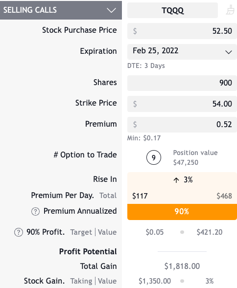 MetaJonesy's tweet image. I was assigned 900 shares of TQQQ @ $52.5 on 2/18. Today I sold 9 Calls at $54 strike for this Friday. Collecting .52 per contract = $468 in premium which is 90% annualized gain on just the premium collected. If it gets called away at $54, I’ll make an extra $1350 on the stock.
