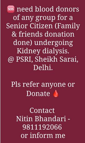 sunjaymalhotra's tweet photo. @BloodDonorsIn @BloodDonorDelhi Family &amp; friend donations have been already done. pls DONATE or refer someone from Family or friend @ PSRI Hospital, Sheikh Sarai DELHI https://t.co/eRb7aDds2s
Requirement - 1 unit daily 
Contact Nitin Bhandari @ 9811192066 https://t.co/QS2kL7L7Oz