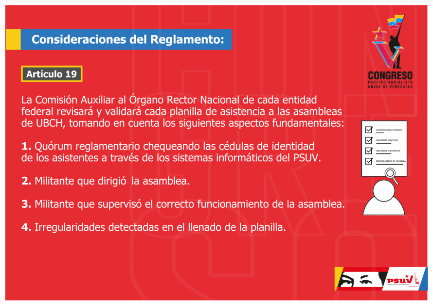 PartidoPSUV's tweet photo. 🔴 Consideraciones del Reglamento: 

Artículo 19. 

La Comisión Auxiliar al Órgano Rector Nacional de cada entidad federal revisará y validará cada planilla de asistencia a las asambleas de UBCH, tomando en cuenta los siguientes aspectos fundamentales: https://t.co/EpbUtQQa6H