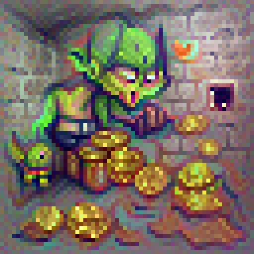 pixelifty's tweet photo. Second AI generated entry in the seven sins series: The Greedy Goblin!

Amassing its treasures from careless travellers, it loves hoarding gold coins. They're more precious than its own life, and would fight to the death to protect them.

#pixelart #aigeneratedart #NFT https://t.co/wHK2NXBvPr