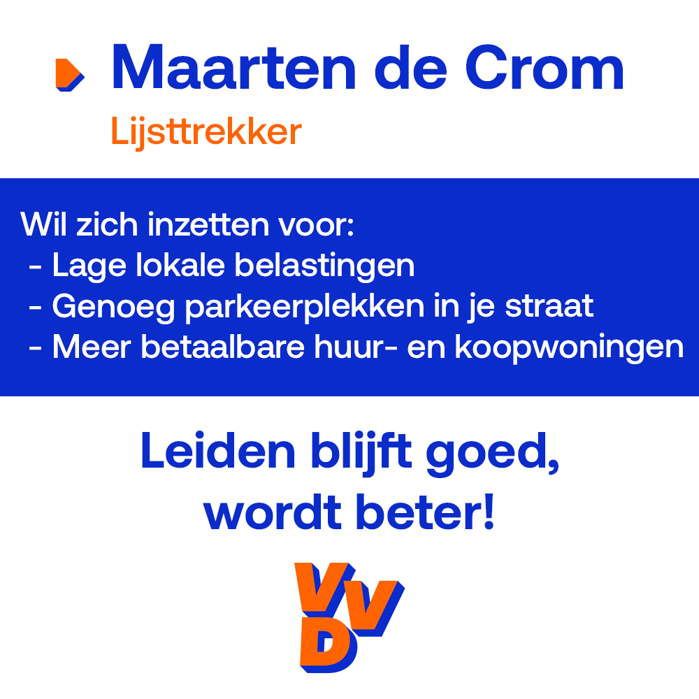 Maak kennis met onze lijsttrekker <a href="/MaartendeCrom/">Maarten de Crom</a>: 

'We moeten onze prachtige stad aantrekkelijk houden voor gewone Leidenaars. Daarom: sneller bouwen aan betaalbare woningen, belastingen omlaag en onze wijken bereikbaar met voldoende parkeerplaatsen.'

👇
leiden.vvd.nl/standpunten