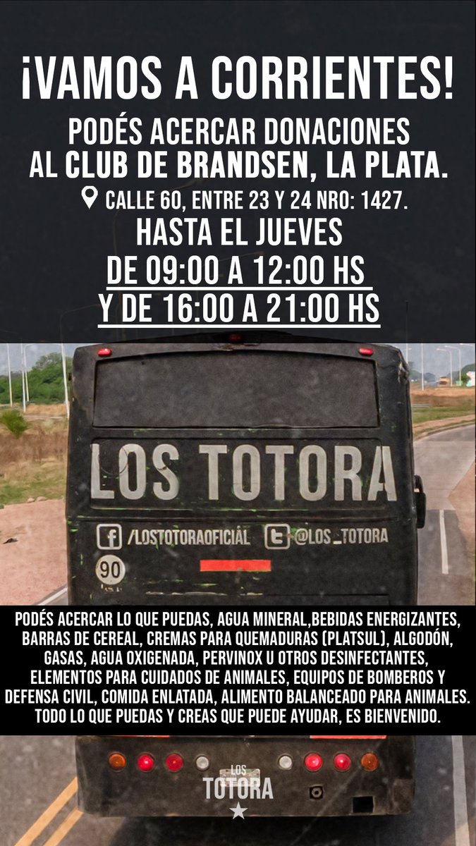 Los_Totora's tweet photo. 🚌 Los Totora ponemos a disposición el “Toro” (nuestro colectivo de gira) y junto a los choferes llevaremos donaciones a nuestra querida Provincia de Corrientes. También necesitamos tu ayuda!! Acércate a la sede social de @acbrandsen , de calle 60 entre 23 y 24, N 1427. https://t.co/7bBMozkd1D