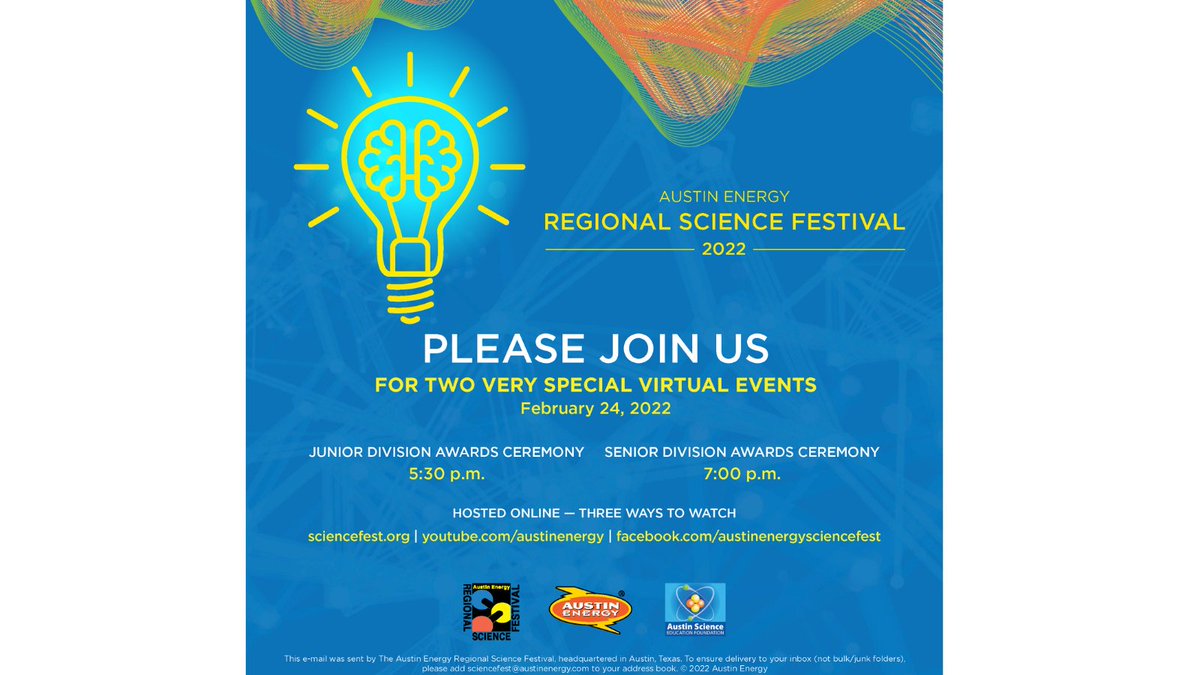 austinenergy's tweet photo. Join us, and host @averytomascowx, to celebrate the students + their #AEScienceFest projects at the virtual awards ceremony on 2/24 at https://t.co/3uL4X3gnr7 + https://t.co/z5wcdwofmr. Jr. div is at 5:30 p.m. and Sr. div is at 7 p.m. https://t.co/l3VmmkEfr3