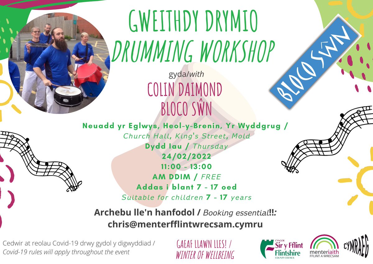 Gweithdy Drymio Am Ddim gyda Colin Daimond, Bloco Sŵn 🥁🥁🥁
Dydd Iau 24/02/2022, 11am - 1pm
Neuadd yr Eglwys, Heol-y-Brenin, Yr Wyddgrug
Addas i blant 7 - 17 oed
Archebu lle'n hanfodol: cyswllt chris@menterfflintwrecsam.cymru