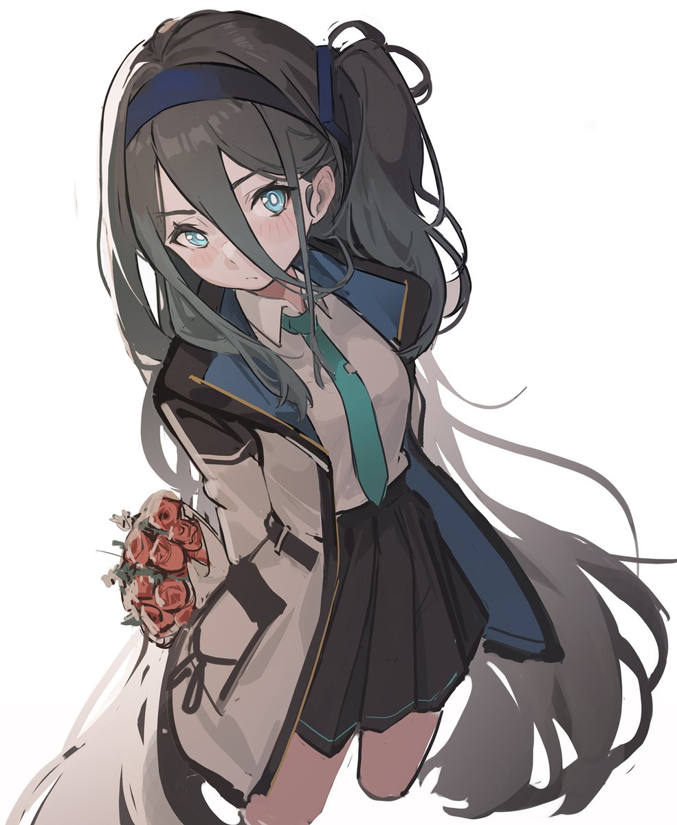 aris (blue archive) 1girl solo necktie long hair white background bouquet skirt  illustration images