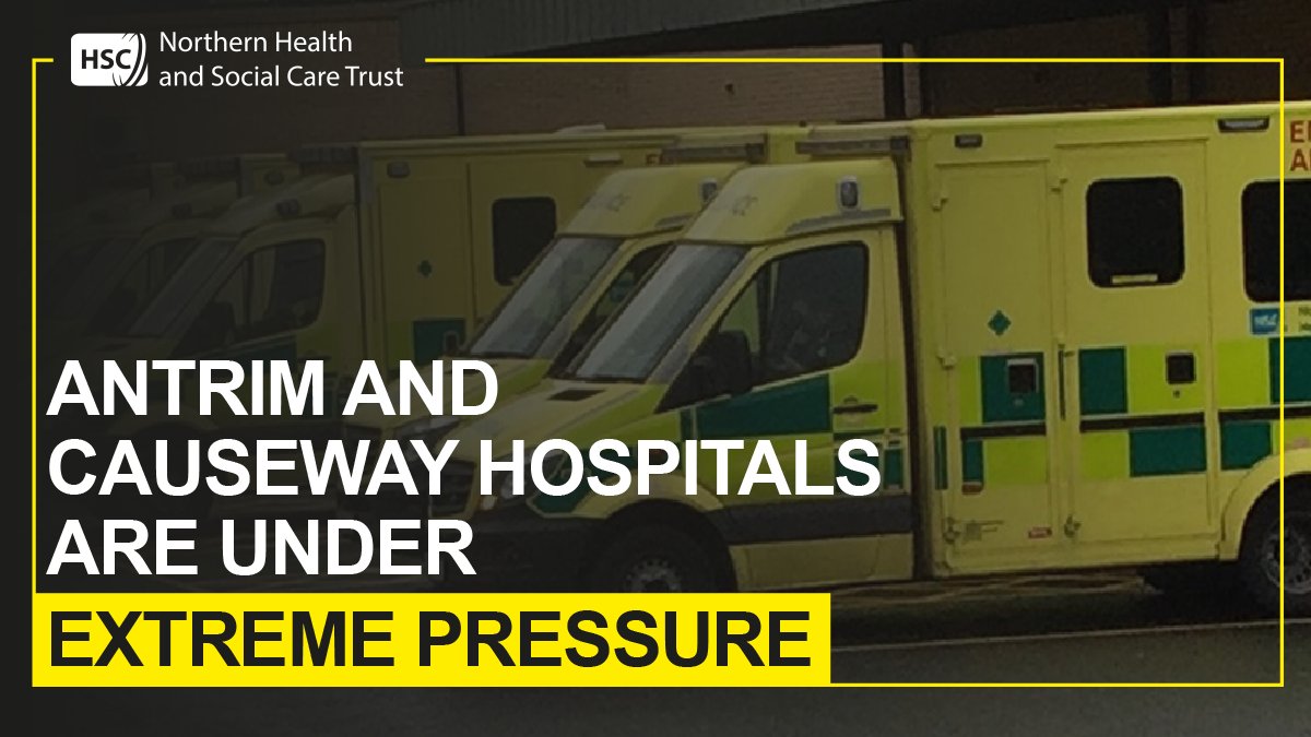 NHSCTrust's tweet photo. ⚠️ URGENT⚠️

Antrim Hosp in particular is seeing unprecedented demand.

Staff are working extremely hard &amp; pts are being seen in clinical priority.

You will experience a very long wait if your condition is not urgent. 

We apologise to all our patients for the long waits. https://t.co/IGj0C0T2zA
