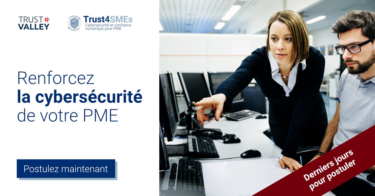 ‼️ Last days for SMEs in the region to apply to Trust Valley 🇨🇭 pioneer #cybersecurity &amp; digital trust program: ow.ly/3qnF50HLg7X #TrustValleyCH <a href="/EtatdeVaud/">Etat de Vaud</a> <a href="/KudelskiSec/">Kudelski Security</a> <a href="/PwC_Switzerland/">PwC Switzerland</a> <a href="/CybersafeLabel/">cyber-safe.ch</a> <a href="/heigvd/">HEIG-VD</a> <a href="/CVCI_Lausanne/">CVCI</a> <a href="/loycosa/">Loyco</a> <a href="/Exoscale/">Exoscale</a> <a href="/Fortinet/">Fortinet</a> <a href="/smartCockpit/">smartcockpit</a>