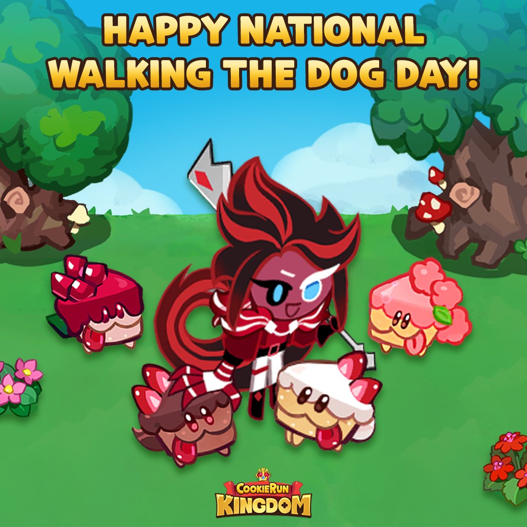 Happy #NationalWalkingtheDogDay ! 🐶 

You already know #RedVelvetCookie is celebrating with the #CakeHounds ! 🍰✨

#CookieRun #CookieRunKingdom